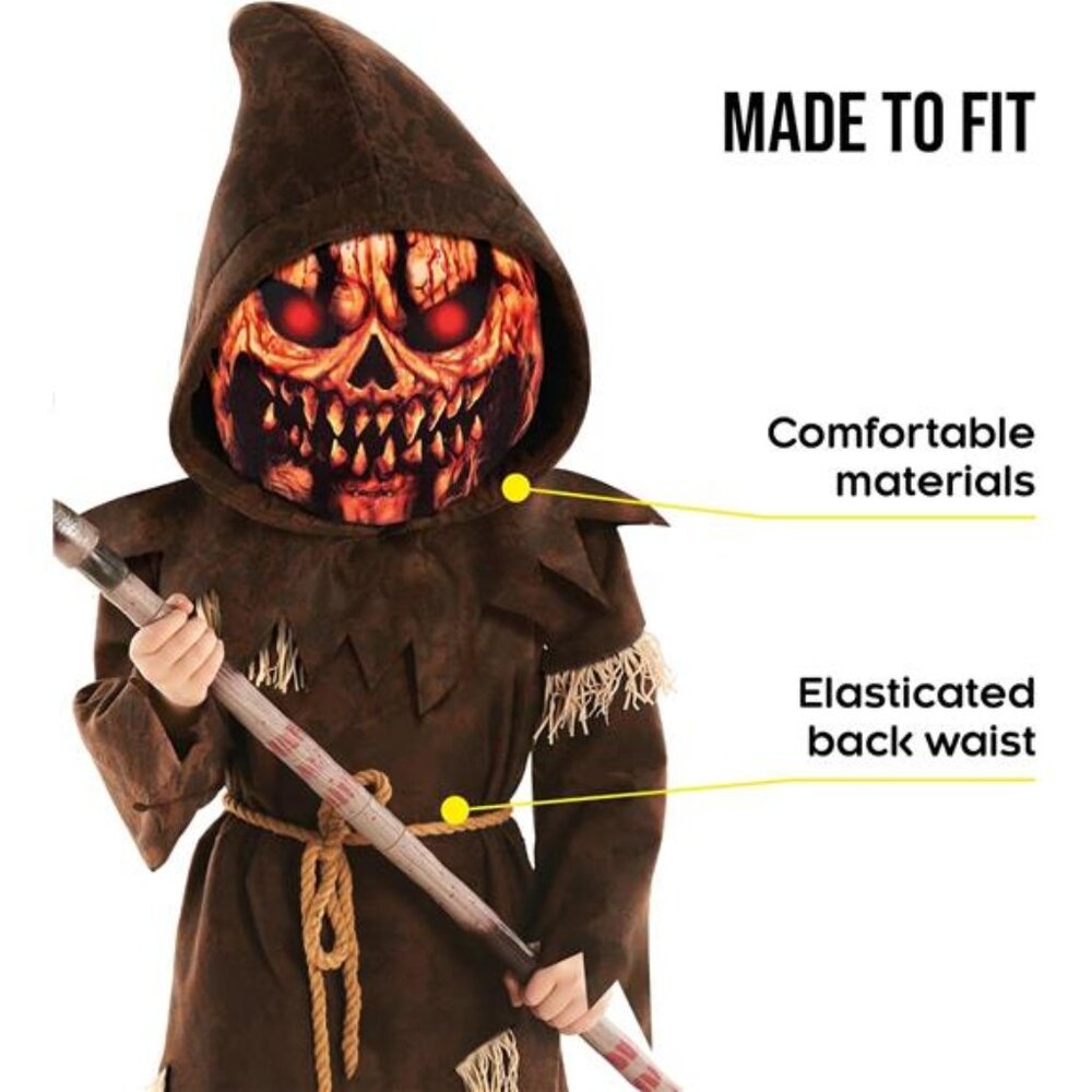 Morph Pumpkin Costume Kids, Brown Pumpkin Grim Reaper Costume Kid, Scary - Picture 4 of 6